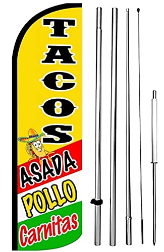 TACOS ASADA POLLO CARNITAS - Windless Swooper Flag Feather Banner Sign 15 ft Tall Kit yq-h, Yellow