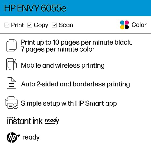 HP ENVY 6055e Wireless Color Inkjet Printer, Print, scan, copy, Easy setup, Mobile printing, Best-for-home, Instant Ink with HP+,white