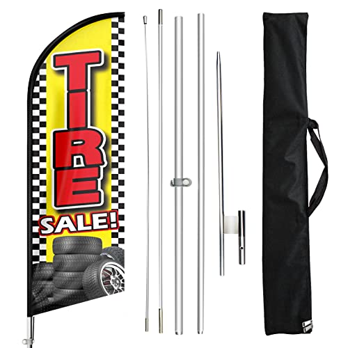 FSFLAG Tire Advertising Swooper Flag, Tire Sale Feather Flag Pole Kit with Ground Stake 11Ft, Advertising Swooper Business Sign Flag Pole Kit for Tires Sale (Yellow)