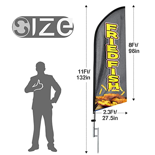 FSFLAG Fried Fish Advertising Swooper Flag Banner, Fried Fish Feather Flag Pole Kit and Ground Stake, Advertising Feather Banner Sign for Fried Fish Business 11Ft