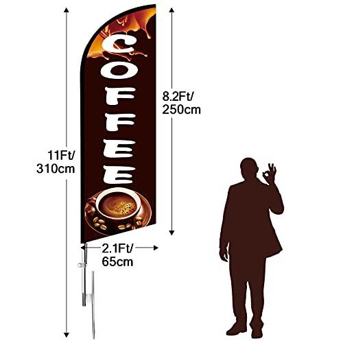 QSUM Coffee Flag, 11FT Windless Swooper Coffee Flag with Aluminum Alloy Flagpole/Stainless Steel Ground Stake/Portable Bag, Coffee Flags for Business