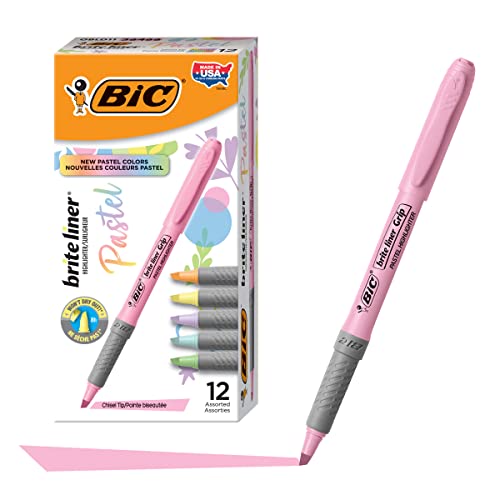 BIC Brite Liner Grip Pastel Highlighter Set, Chisel Tip, 12-Count Pack of Pastel Highlighters in Assorted Colors (colors may vary), Cute Highlighters for Bullet Journaling, Note Taking and More