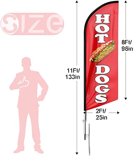 Hot Dogs Swooper Flag, Hot Dogs Feather Flags and Pole, Hot Dog Food Restaurant Advertising Swooper Flag Pole Kit with Ground Stake, Advertising Feather Banner Sign for Hot Dogs Business 11Ft (Red)