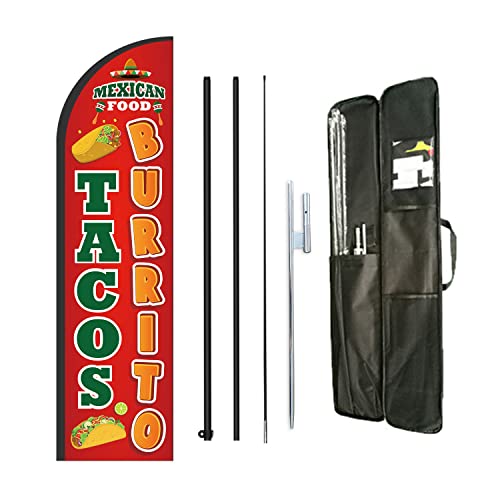 Tacos Burritos Mexican Food Feather Flag Pole Kit,Business Advertising For Mexican Restaurant Store Include 8 ft Banner Flags and 12 ft Flag Pole Kit,Heavy Duty Ground Stake and Portable Travel Bag