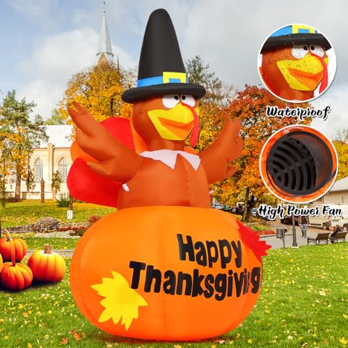 GOOSH 6 Ft Height Thanksgiving Inflatables Outdoor Turkeys Standing in The Pumpkin, Blow Up Yard Decoration Clearance with Build-in LED Lights for Party/Indoor/Lawn/Holiday/Garden Display