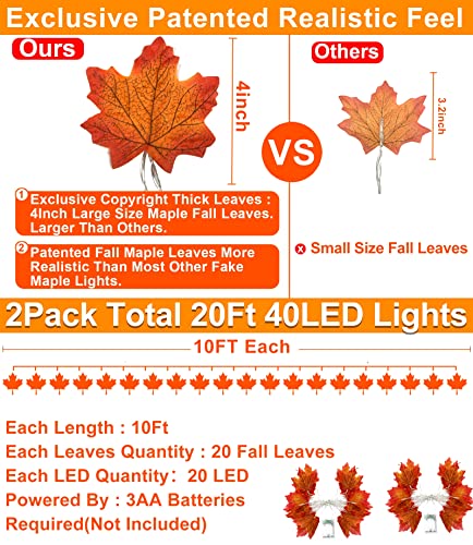 TURNMEON 2 Pack Thanksgiving Decorations Enlarged Maple Leaf Thanksgiving Decor Fall Lights Thick Leaf Garlands,Total 20Ft 40LED Battery Operated Waterproof Halloween Fall Decor Home Indoor Outdoor