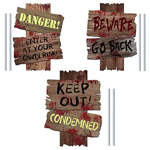 GABOSS Halloween Decorations Beware Signs Yard Stakes Outdoor Creepy Assorted Warning Sign,Scary Zombie Theme Party Decor Supplies,3 Pieces,12 Inch x 9 Inch