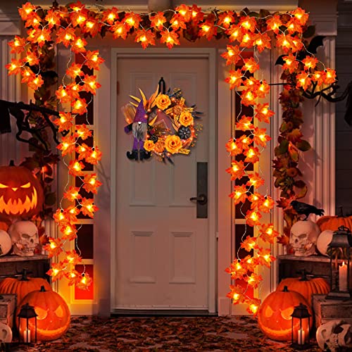 TURNMEON 2 Pack Thanksgiving Decorations Enlarged Maple Leaf Thanksgiving Decor Fall Lights Thick Leaf Garlands,Total 20Ft 40LED Battery Operated Waterproof Halloween Fall Decor Home Indoor Outdoor