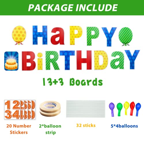 ComboJoy 16Pcs Happy Birthday Yard Sign with Stakes, Personalized Age Plastic Signs with 20 Number Stickers, Bright & Colorful Letters, Weatherproof, Perfect Outdoor Lawn Decorations