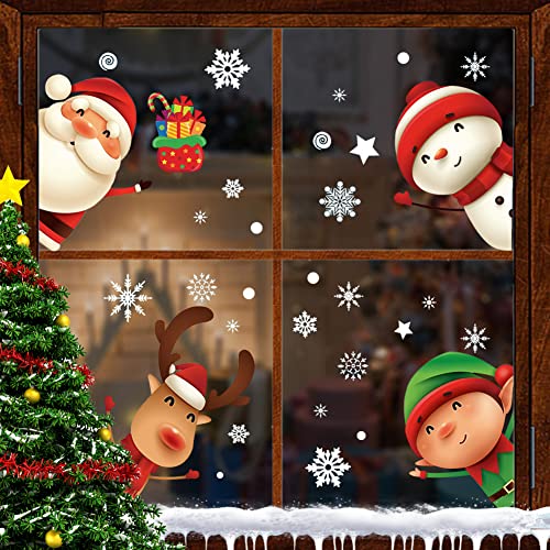 XIMISHOP 82PCS Christmas Snowflake Window Clings Stickers for Glass, Xmas Decals Decorations Holiday Snowflake Santa Claus Reindeer Decals for Party