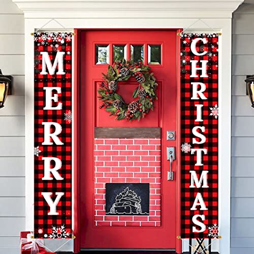 Ivenf Christmas Decorations Outdoor Yard Front Porch Sign Set, Red Black Buffalo Plaid Door Banner, Hanging Merry Christmas Decorations for Home, Indoor Outdoor Xmas Decor Wall Front Door Yard Garage