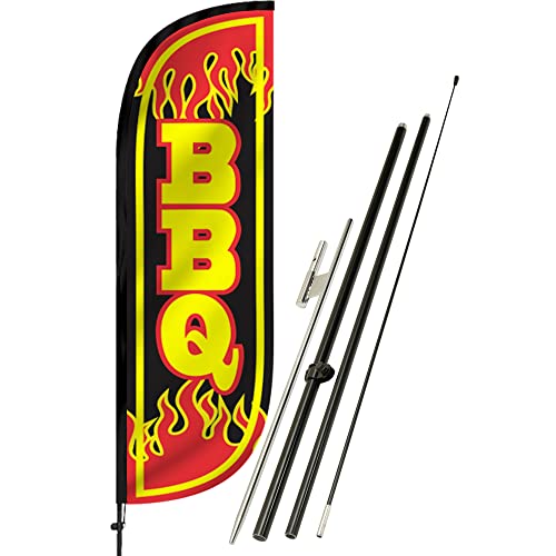 LookOurWay Feather Flag Set - 5ft Tall Advertising Banner Flag with Pole Kit and Ground Spike for Business Promotion - BBQ
