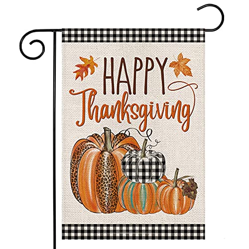 Happy Thanksgiving Fall Garden Flags for Outdoor,12x18 Double Sided,Harvest Buffalo Plaid Pumpkins Yard Flags,Small Thanksgiving Day Garden Decor for Autumn Outside Porch Lawn Holiday