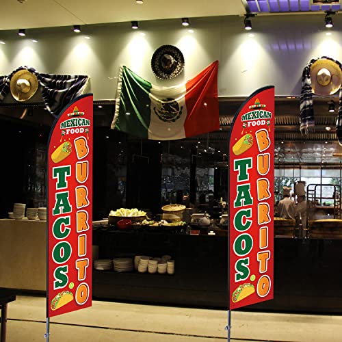 Tacos Burritos Mexican Food Feather Flag Pole Kit,Business Advertising For Mexican Restaurant Store Include 8 ft Banner Flags and 12 ft Flag Pole Kit,Heavy Duty Ground Stake and Portable Travel Bag