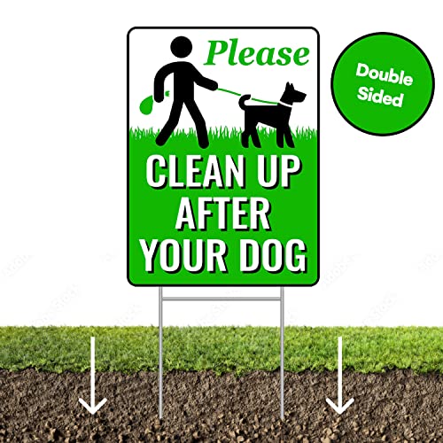 Signs Authority 2 X Clean Up After Your Dog Signs 12"x9" with Metal H-Stake | No Poop Signs for Lawn No Pooping Dog Signs For Yard | Pick Up After Your Dog Sign with Stake | Clean After Your Dog Sign
