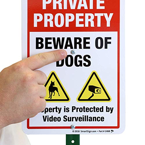 SmartSign Private Property Beware of Dogs Sign with Stake | 21" Tall Sign & Stake Kit - Property Protected by Video Surveillance Sign For Yard/Lawn | 10x7 Inches Aluminum Metal Sign