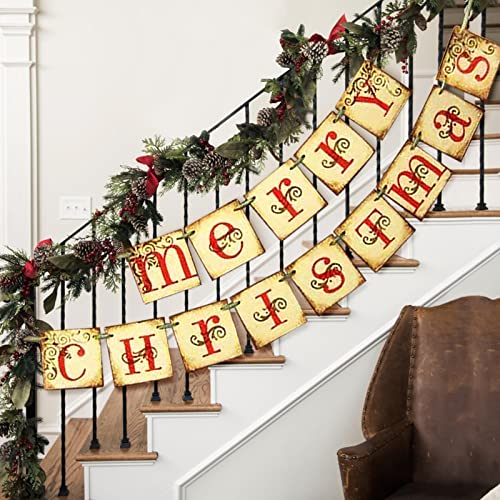 Christmas Decorations - Vintage Merry Christmas Banner - Retro Nostalgic Traditional Old Fashioned Victorian Xmas Holiday Decor for Indoor Home Office Fireplace Mantle Farmhouse