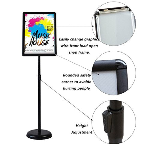 HUAZI Adjustable Sign Holder Standing Floor Sign Stand for 8.5x11 inches,Both Vertical & Horizontal View Displayed,Snap-Open Frame with Safety Corner for School Church Business Show,Black