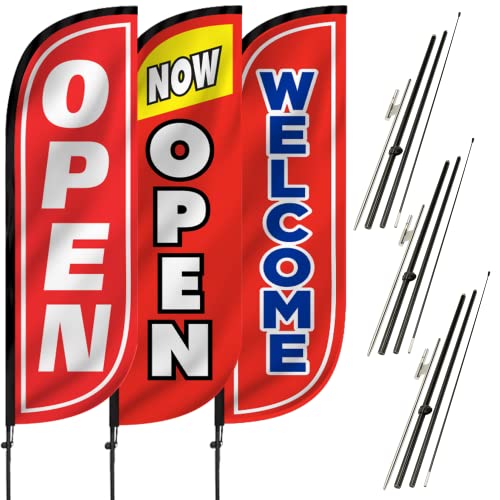 LookOurWay 5-Feet Tall Grand Opening Themed Feather Flag Banner for Business Advertising 3-Pack - Includes 3 Banner Flags, 3 Pole Sets, and 3 Ground Spikes (Open 10M5000104, Now Open 10M5000030, Welcome 10M5000032)