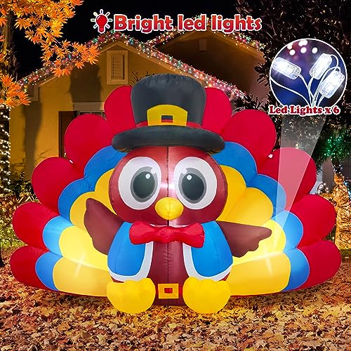Danxilu 8 FT Long Inflatable Turkey Thanksgiving Outdoor Decorations with Colorful Big Tail & Pilgrim Hat Built-in LED Lights Blow up Yard Decoration for Garden Lawn Fall Holiday Decor(5FT Tall)