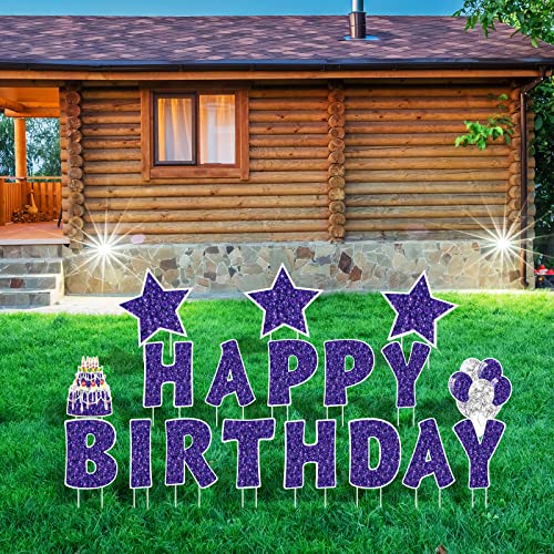 Jetec 18 Pieces Happy Birthday Yard Signs with Stakes, Birthday Outdoor Lawn Signs, Birthday Cake Balloon Lawn Decorations, Glitter Birthday Party Lawn Decorations for Birthday Party (Purple)
