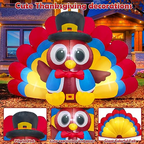 Danxilu 8 FT Long Inflatable Turkey Thanksgiving Outdoor Decorations with Colorful Big Tail & Pilgrim Hat Built-in LED Lights Blow up Yard Decoration for Garden Lawn Fall Holiday Decor(5FT Tall)