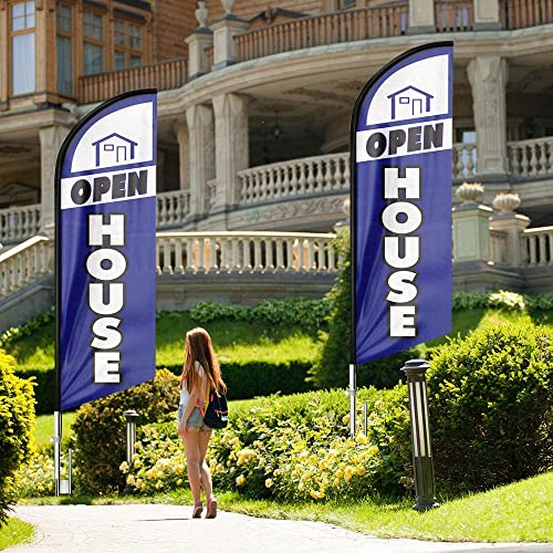 FSFLAG Open House Flags for Real Estate Agents, Open House Flag Pole Kit and Ground Stake, 11 FT Feather Banner Flag for Outside Business Advertising, Open House Banners for Real Estate (Blue)