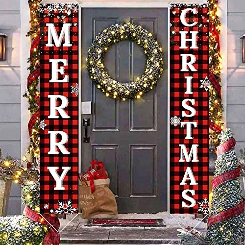 Ivenf Christmas Decorations Outdoor Yard Front Porch Sign Set, Red Black Buffalo Plaid Door Banner, Hanging Merry Christmas Decorations for Home, Indoor Outdoor Xmas Decor Wall Front Door Yard Garage