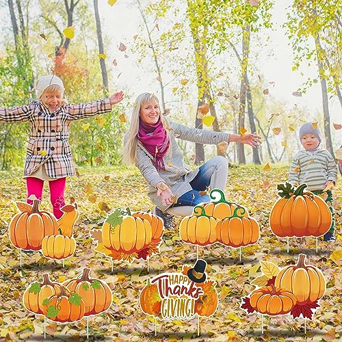 Fall Thanksgiving Yard Signs Decorations - 9Pcs Outdoor Orange Pumpkins Harvest Garden Wall Porch Signs with Stakes Seasonal Holiday Party Supplies Lawn Yard Decorations (9PC)